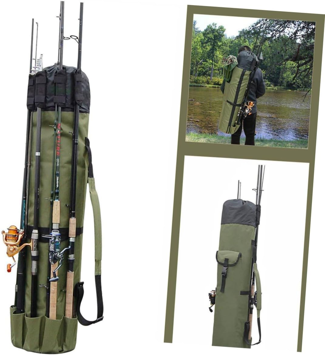 Toyvian Cylindrical Fishing Rod Bag Lightweight Multifunctional Tackle Storage Case for Outdoor Sports Durable Material with Large Capacity and Multi Pockets Green