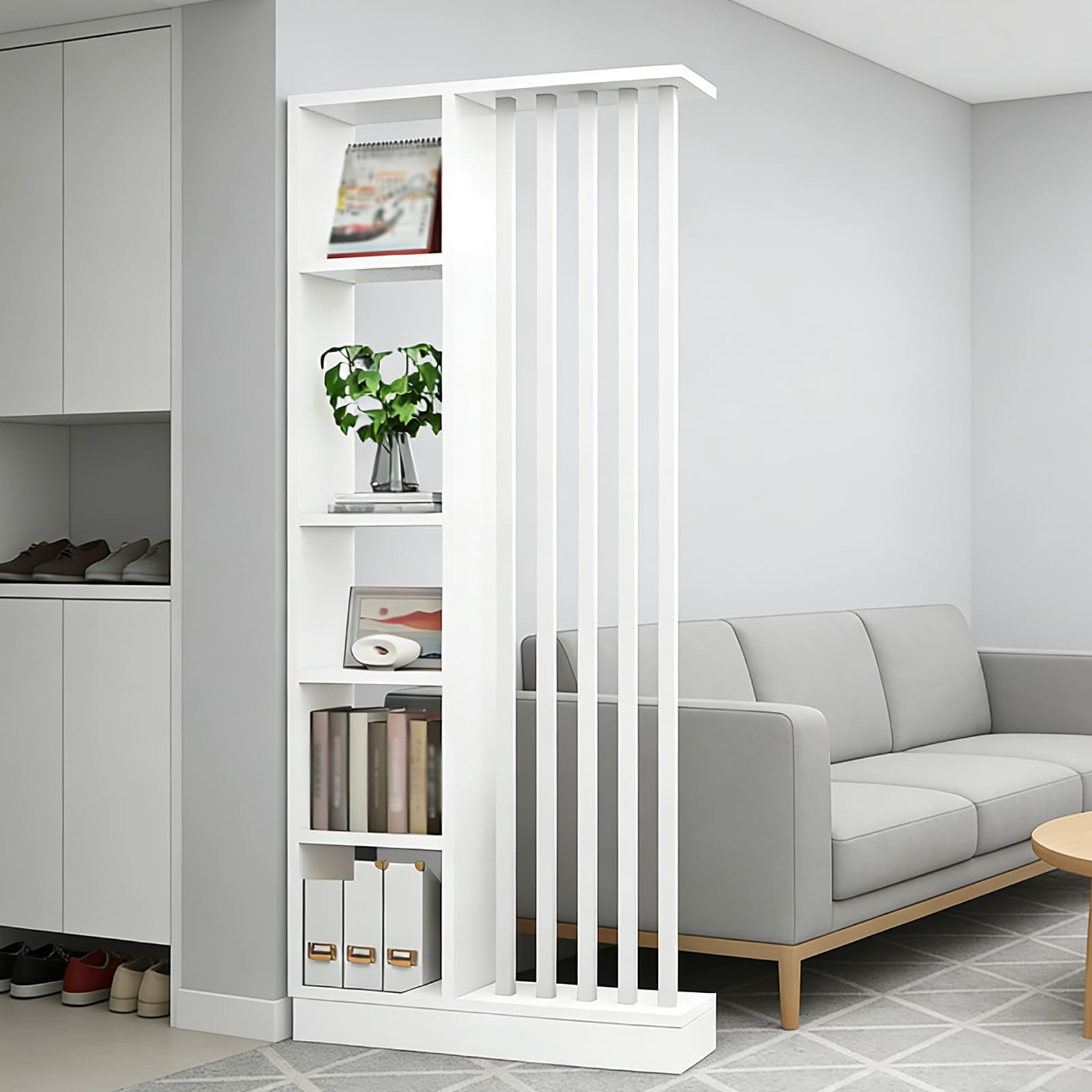 Room Divider with Shelves, Entrance Hall Partition Screen Column Floor to Ceiling - Room Divider with Storage Shelf, Easy Assembly Freestanding Decor for Bedroom, Office (White+White, 80cm / 31.5in)