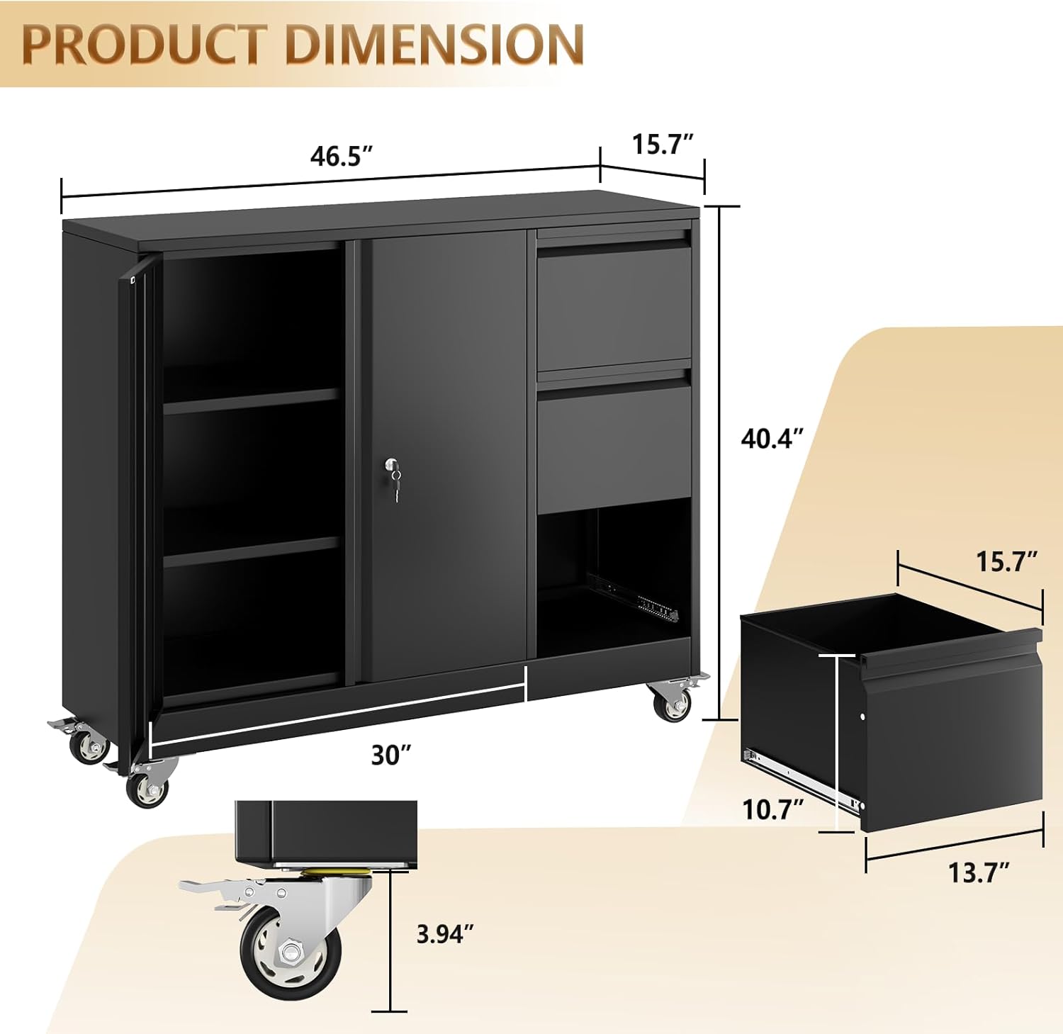 47" Rolling File Cabinet with 3-Drawer and Lockable Doors，Office Storage Cabinet with Adjustable Shelf & Universal Wheels, Mobile Printer Stand for Home Office, Living Dining Room,Black