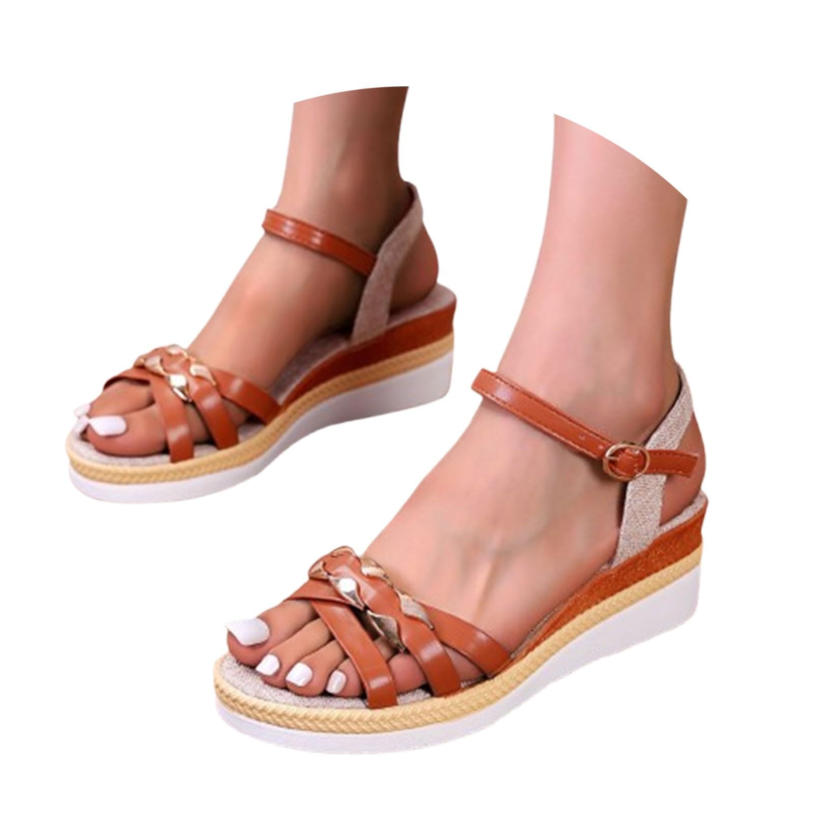 Sandalo con zeppa da donna, sandali estivi da donna, vestibilità ampia, comodi, suola morbida, sandali da spiaggia con fibbia regolabile, sandali da esterno con suola testurizzata per presa e supporto
