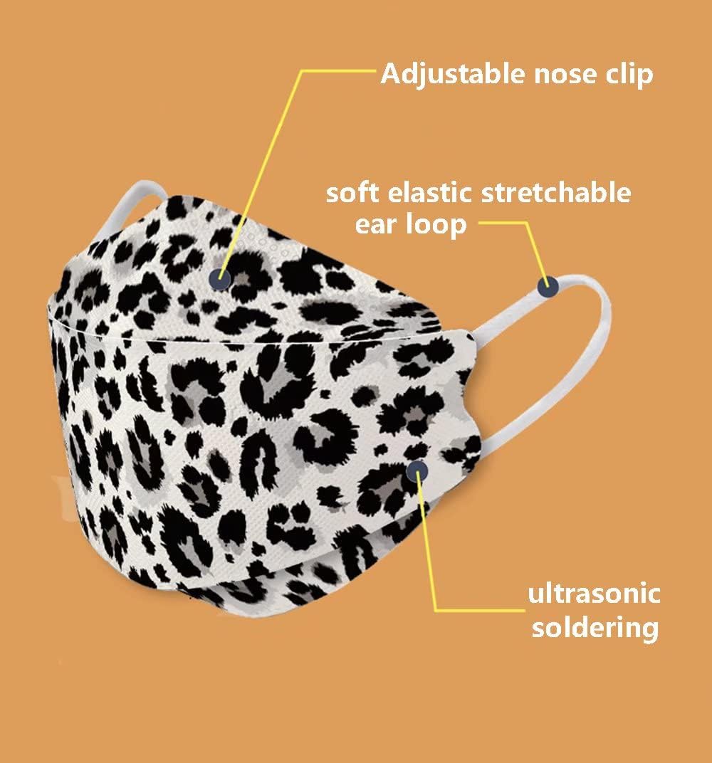 Rmaytiked 50Pcs 4-Ply Black White Leopard Print KF94 Breathable Face Masks 3D Mouth Shields Filter Full Face Cover
