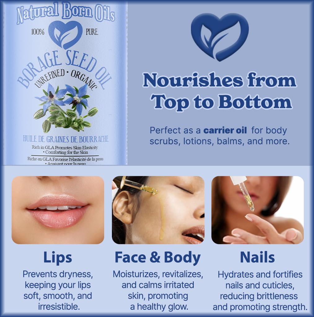Natural Born Oils Borage Seed Oil, 16oz, Organic, Cold-Pressed, Carrier Oil, High GLA, Vitamins & Minerals, Deep Skin Nourishment, Hair Vitality