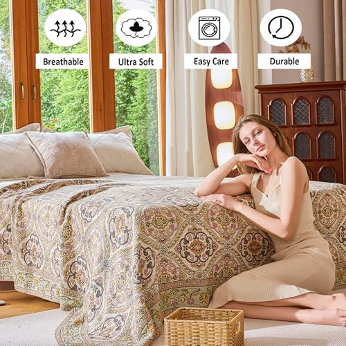 Image of VANJOROY Boho Throw Blanket for Bed Couch 50 inch x 60 inch, 100% Organic Cotton Skin-Friendly Ultra Soft Quilt Throw - Floral Rustic Living Room Decor Luxury Reversible Blanket for Sofa Chair and Gift