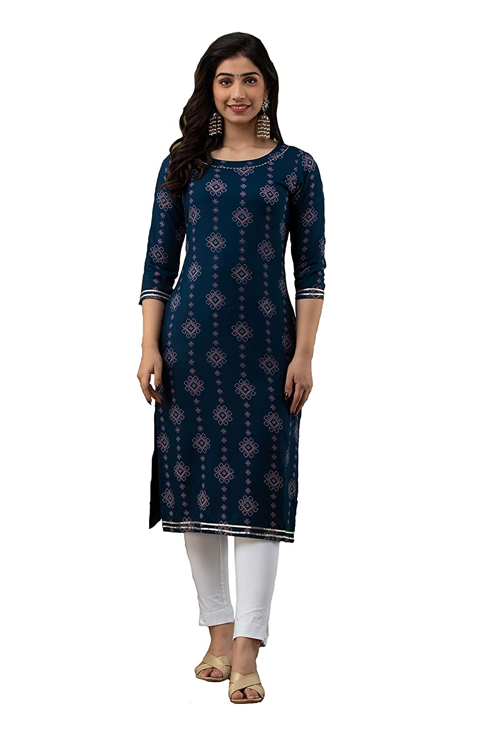 Lee Women's Rayon Navy Blue Printed Straight Kurta in navy