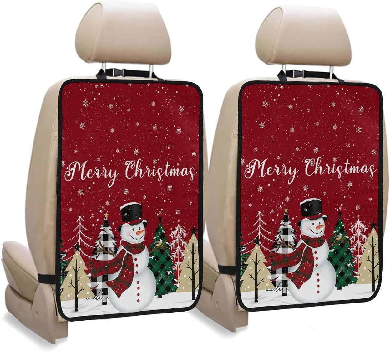 Car Seat Protector, 2 Pack Kick Mats Back Seat Protector Merry Christmas Snowman Green Buffalo Plaid Xmas Tree Red Waterproof Backseat Cover for Kids Universal Fit Automotive Interior Protectors