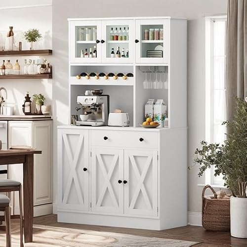 YITAHOME Kitchen Pantry Cabinet with Drawer & Doors, 71''H Tall Kitchen Cabinet with Power Outlet, Buffet Cabinet with Goblet Holder & Wine Rack for Kitchen, Living Room (White)