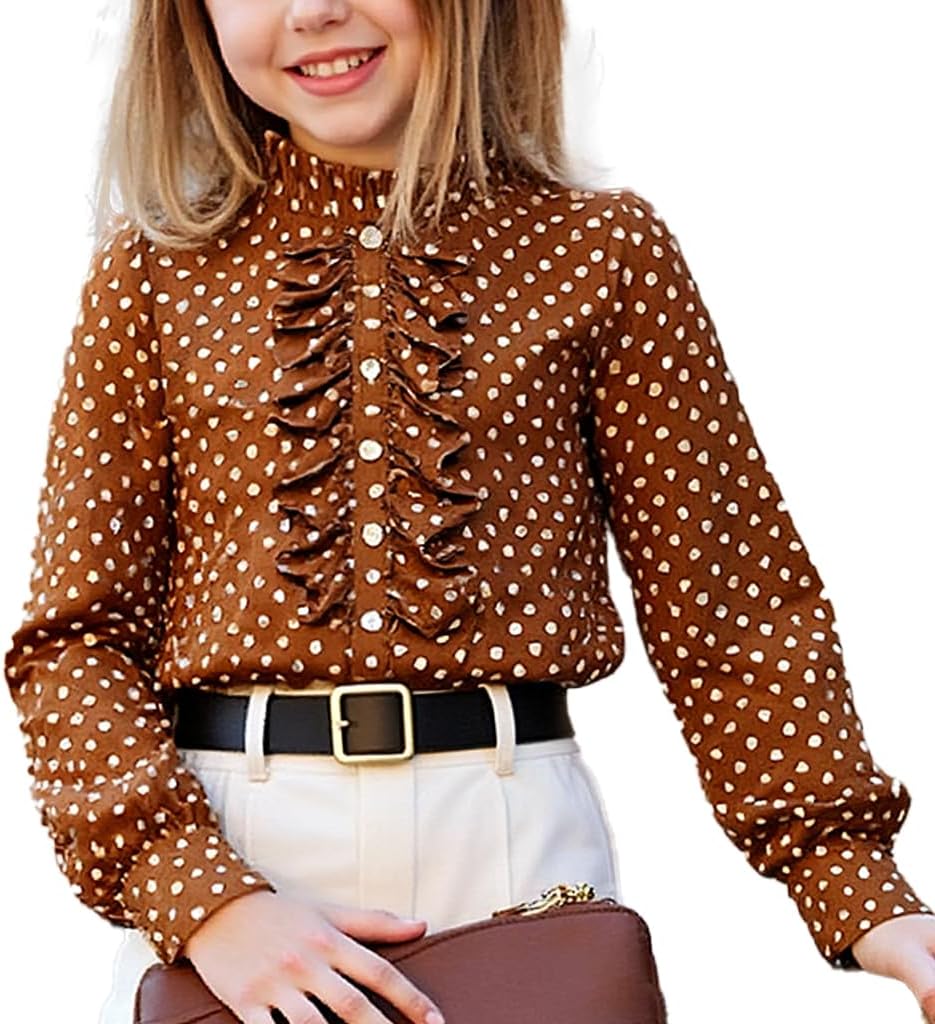 Girls Puff Sleeves Polka Dot Shirt Ruffled Button-Down Chiffon Blouse Size 8-12 Years