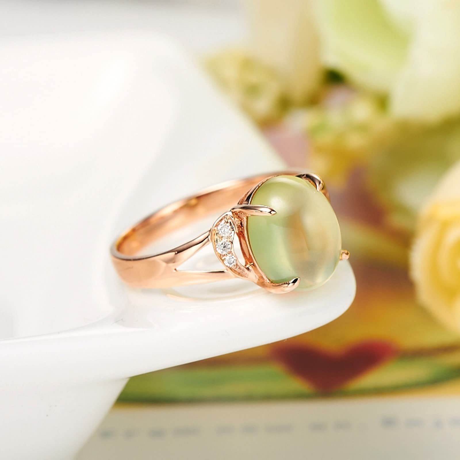 Anillo de oro rosa de 18 quilates, anillos gruesos de prehnita verde de 4 puntas, anillos ovalados de prehnita, regalo de propuesta de joyería para mujeres