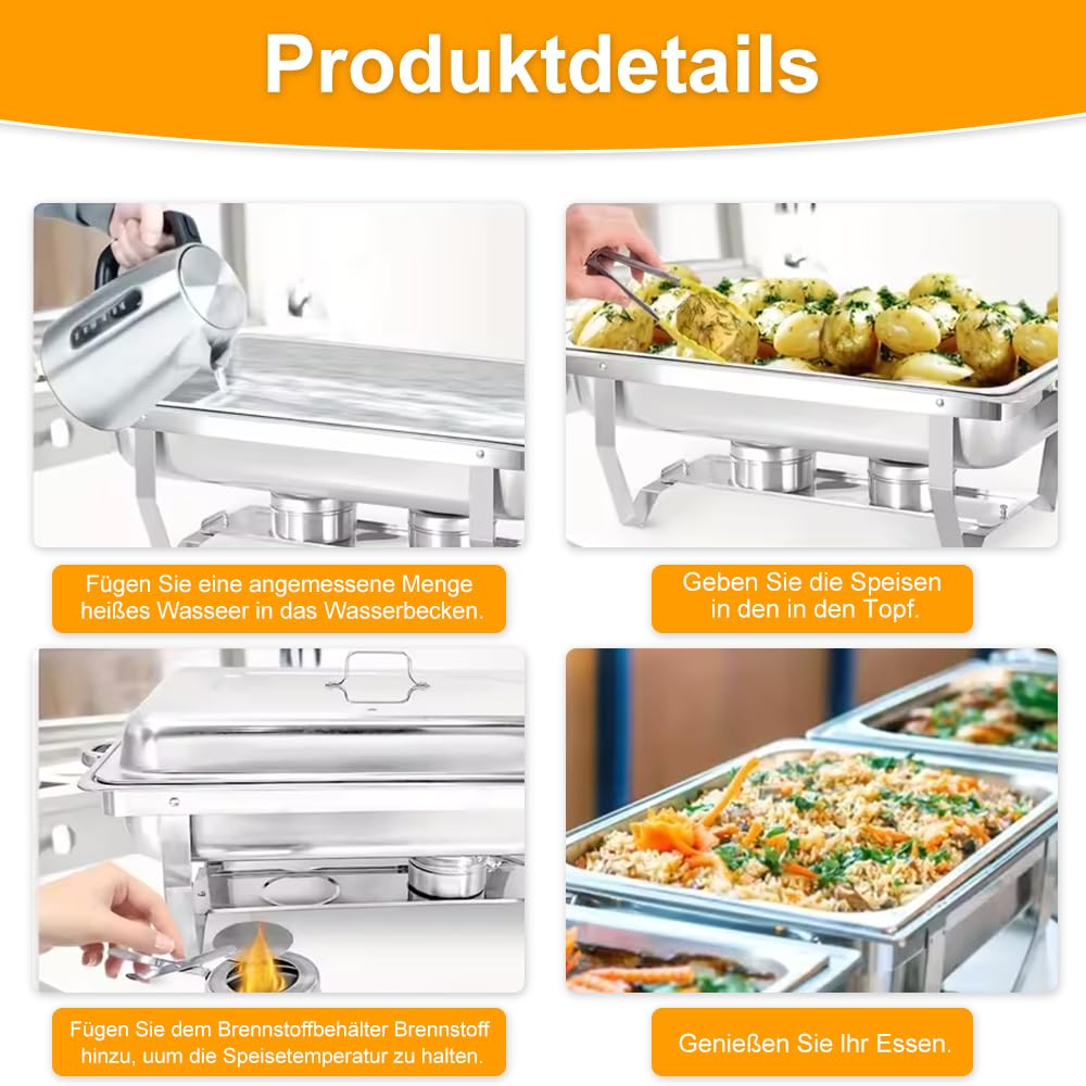 OHMG Chauffe Plat,Chafing Dish ou rechaud en INOX Alimentaire pour Buffet/Bain Marie Professionnel/Maintien au Chaud/Traiteur/hôtel/Restaurant - Acier Inoxydable (3 Compartiments, 55 * 35.5 * 26cm)