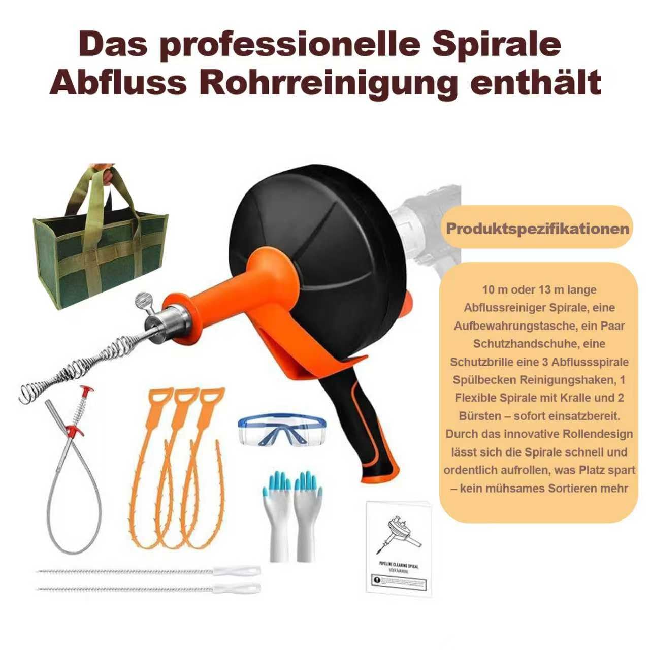 13 m Rohrreinigungsspirale, Abflussreiniger Spirale mit Handkurbel, Rohrspirale aus Manganstahl für Bohrmaschine, mit Greifkralle, Reinigungshaken, Tragetasche, Schutzhandschuhen, Schutzbrille