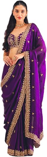 Amazon Brand - Tavasya Women's Soft Fandy Chiffon Saree with Heavy Embroidery Sequins Work, Elegant Border & Designer Pall...