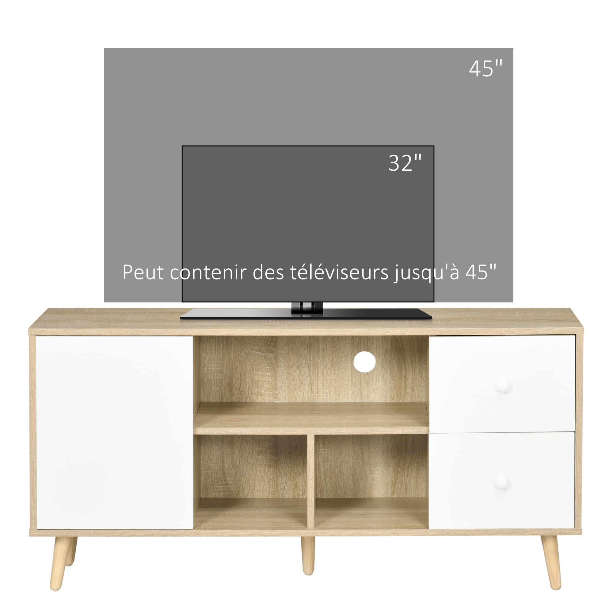 HOMCOM Meuble TV Banc TV jusqu'à 45 Pouces Pattes en Bois Massif 3 Niches | 1 Meuble avec Porte, 2 Tiroirs