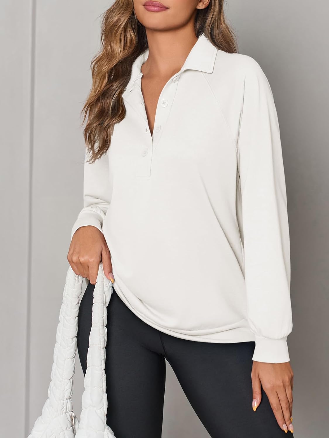 Fisoew Womens Casual Sweatshirt Long Sleeve Button Collared Loose Fit Fall Pullover Tops - Image 4