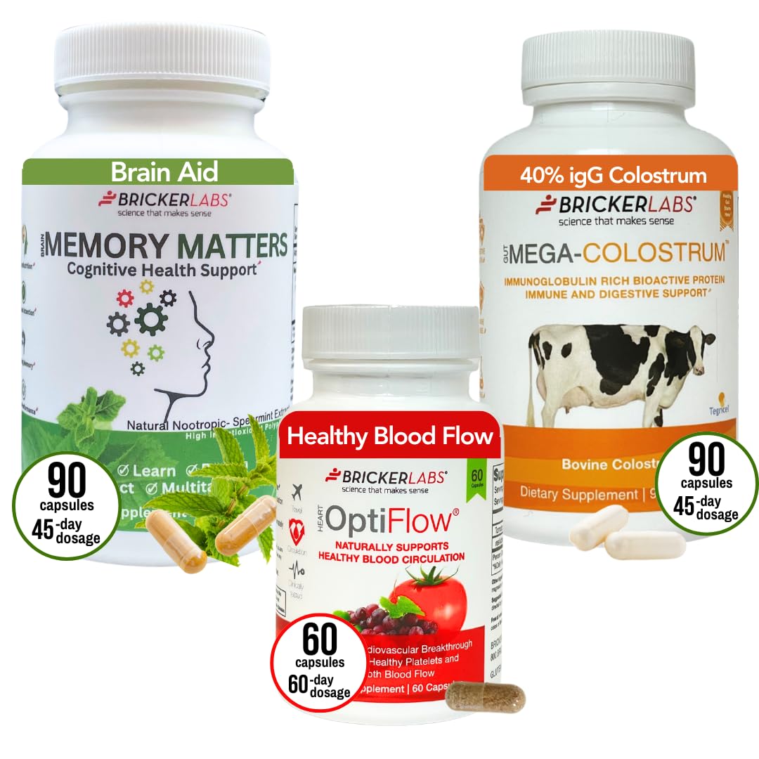Bricker LabsTravel Wellness Bundle: Optiflow Blood Flow Optimizer, Colostrum Capsule Immune Defense and Brain Aid Memory Matters for Brain Health