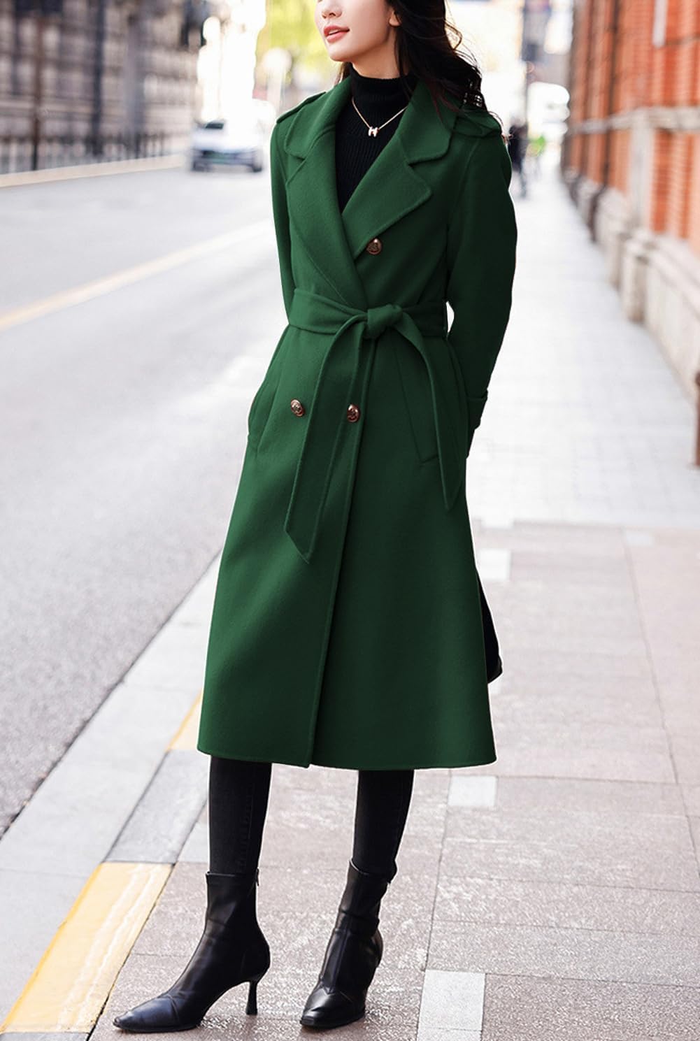 chouyatou Women's Winter Belted Wool Coat Double Breasted Midi Long Casual Trench Dressy Peacoat