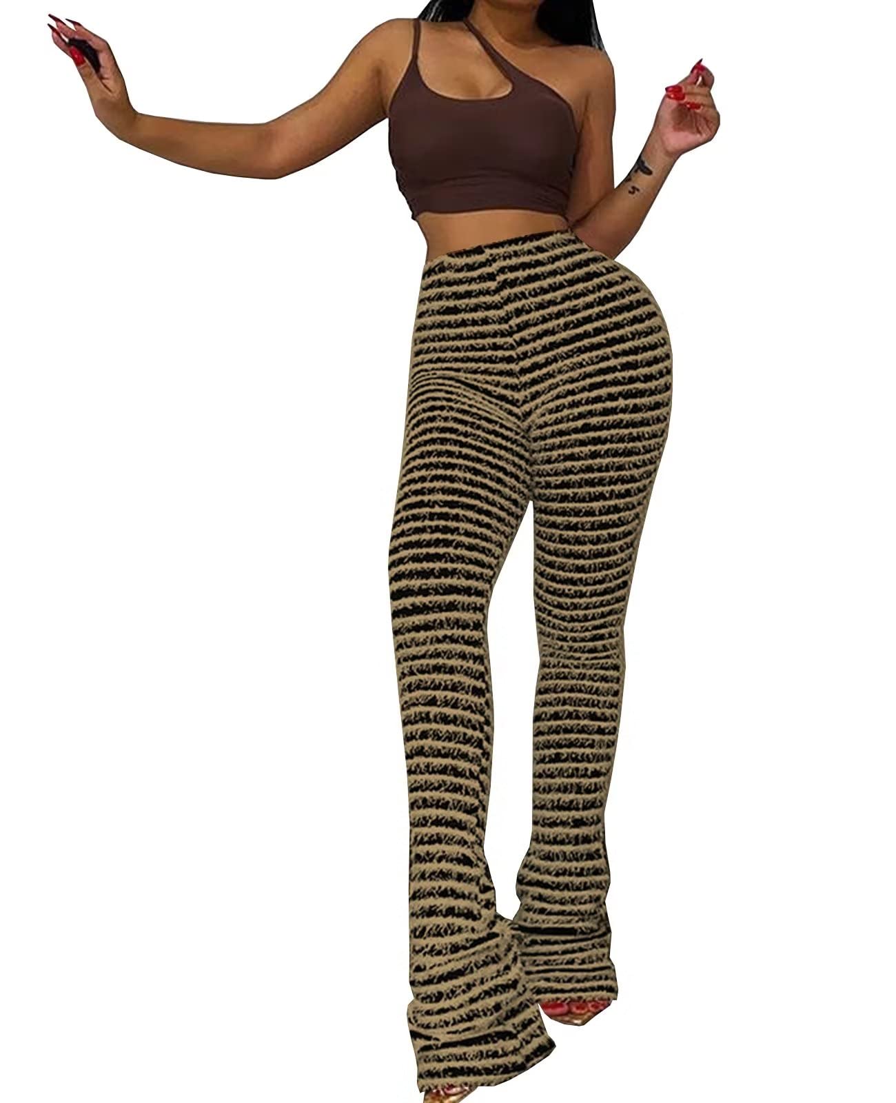Women's Stacked Leggings Striped Fuzzy Knitted Extra Long Pants High Waisted Skinny Flare Pants Streetwear