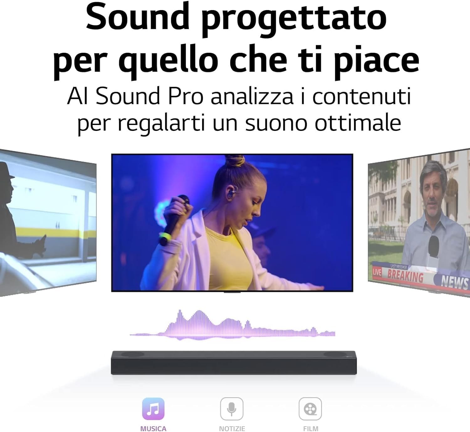 LG S75Q Soundbar TV 380W, 3.1.2 Canali con Subwoofer Wireless, 2 canali up-firing, Audio Meridian, Dolby Atmos, DTS:X, AI Sound Pro, Audio ad Alta Risoluzione, Bluetooth, Ingresso Ottico, HDMI in/out