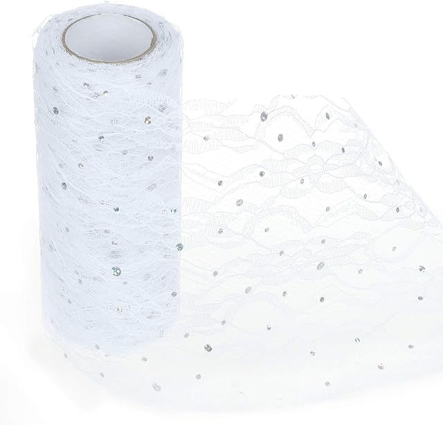 TsunNee 6"x10Yards Sequin Lace Roll Table Runner, Chair Sash, Tutu Material, Lace Bow for Wedding Chair Table Décor, White