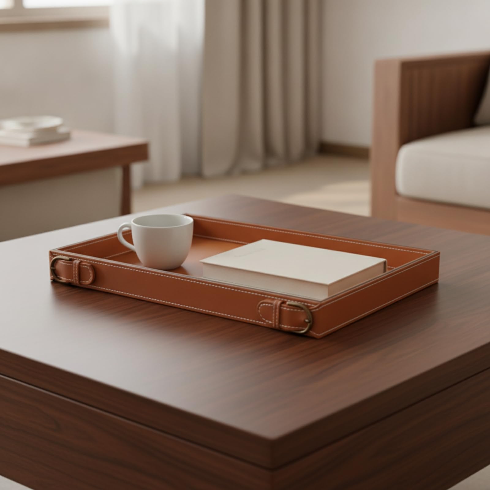Bandeja Rectangular Bandeja Organizador Centro de Mesa Bandeja de Servicio con Exterior de Piel Sintética y Esquinas Metálicas Costuras Contrastadas y, Marrón Oscuro, 435 300 50mm