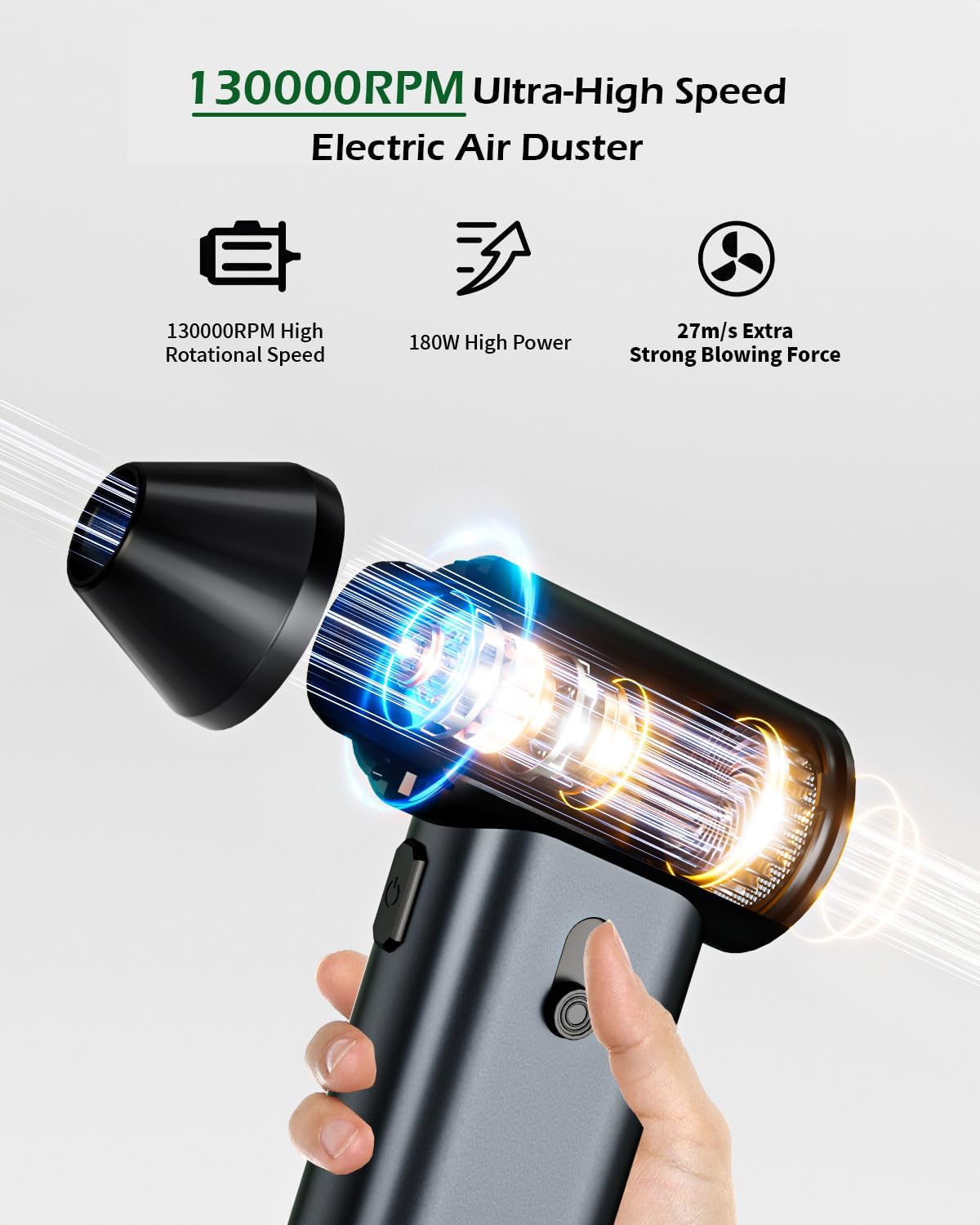 Compressed Air Duster, 130000RPM Super Power Cordless Air Duster, Rechargeable Brushless Motor Durable Blower, Electric Adjustable Dust Blower Dust Remover for Keyboard, Computer, Car, Home Cleaning - Image 2