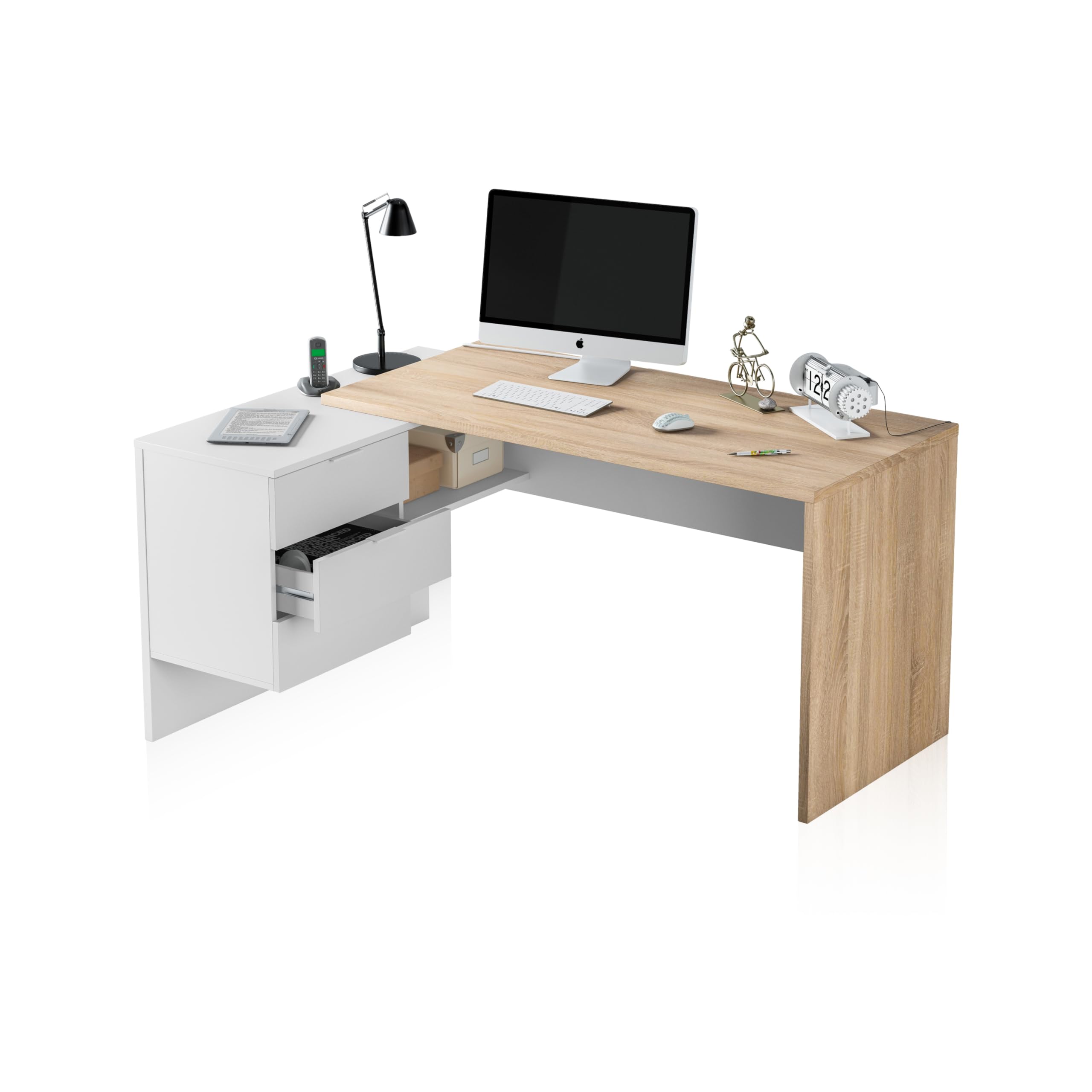 duehome | Escritorio con Cajonera, Mesa de Oficina, Modelo Office Work, Acabado en Blanco Artik y Roble Cananadian, Medidas: 145 cm (Largo) x 102 cm (Fondo) x 73 cm (Alto)