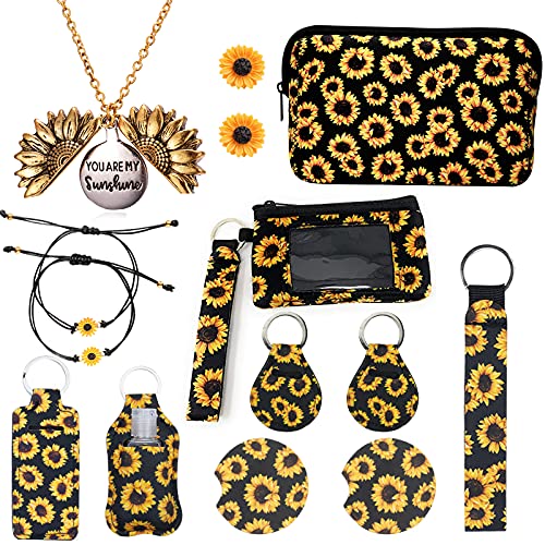 14PCS Sunflower Gifts,Sunflower Gifts for Women,Sunflower Necklace,Sunflower Bracelet,Sunflower Earrings,Sunflower Makeup Bag,Sunflower Keychain Wallet,Lipstick Holder Keychain,Wristlet Keychain