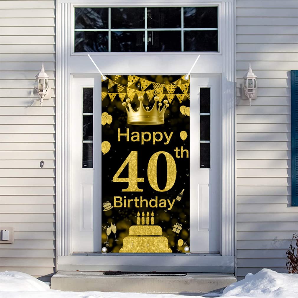 40. Geburtstag Dekoration - Stoffbanner 90x180 Cm In Schwarz-Gold, Tür- Oder Wanddekoration Mit 'Happy 40th Birthday'