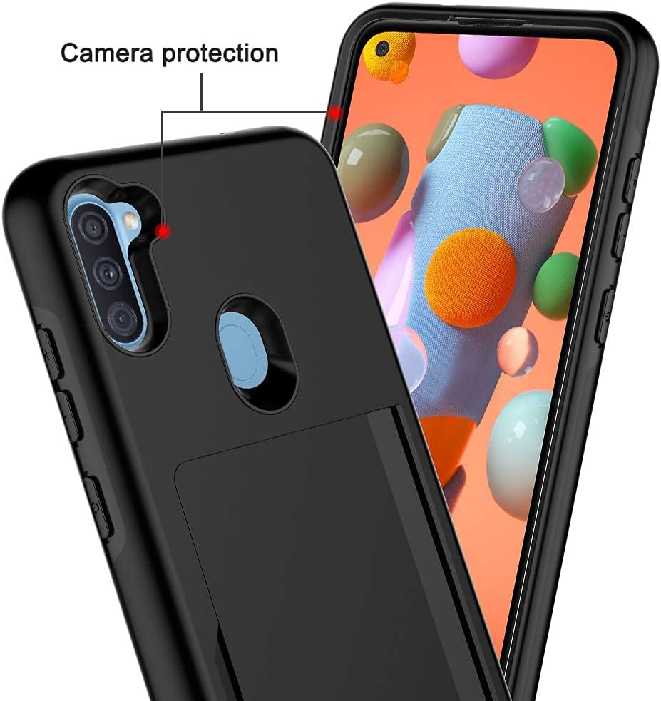 SunRemex Galaxy A11 Case with Tempered Glass Screen Protector,Galaxy A11 Card Holder Case,PC+TPU Dual Layer Hybrid Shock Proof Protective Wallets Case for Samsung Galaxy A11 Phone(Black)