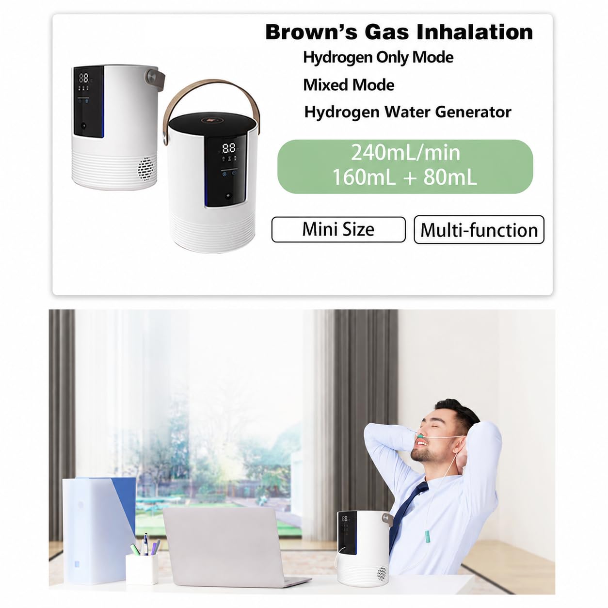 Máquina de inhalación de hidrógeno portátil de 240 ml y generador de agua de hidrógeno, 99.996% ultra puro, último ionizador SPE/PEM con electrodos de platino, modo nocturno de 4 horas, para el hogar
