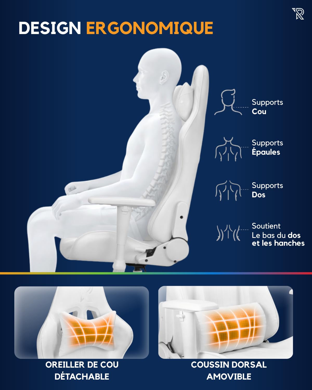 Fauteuil Gaming Felix Ergonomique Style Racing en Similicuir Robuste avec Dossier Haut, Inclinaison Réglable, Coussins Amovibles pour Longues Sessions Et Grandes Tailles, Blanc