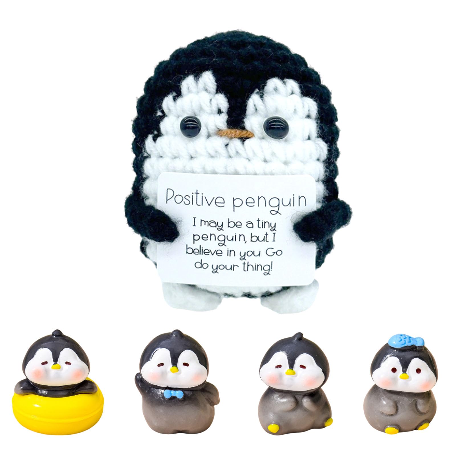 MAUDFEK 5 PCS positive penguin Set，Includes 1 knitted penguin plush toy and 4 penguin figurines, Emotional Support Gifts for Friends and Family, Crochet Knitted Penguin Doll with Mini Penguin Figures