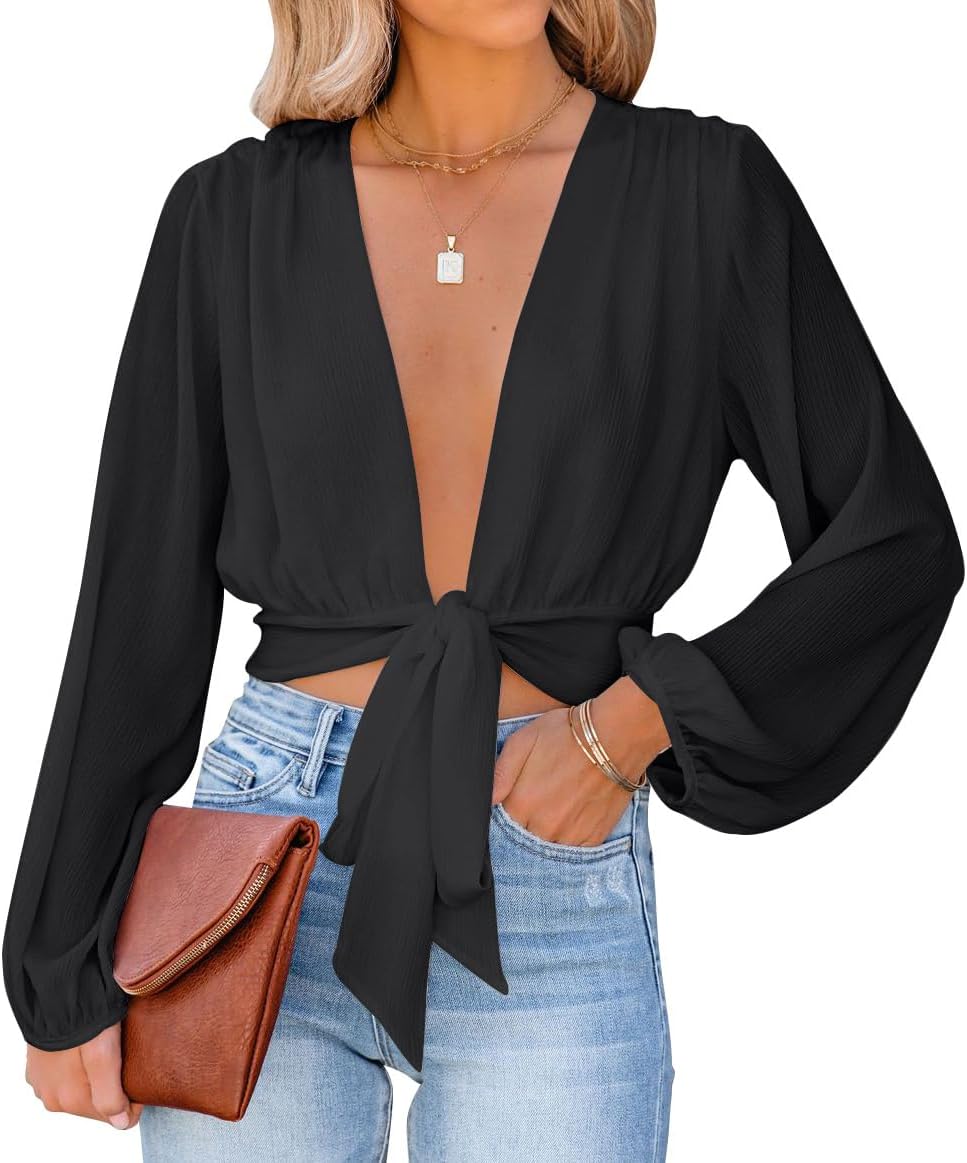 LYANER Women's Deep V Neck Long Sleeve Tie Front Knot Sexy Wrap Crop Top Blouse