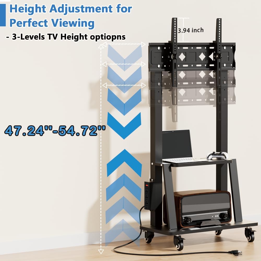 Diagram showing the three adjustable height levels for the TV mount, ranging from 47.24 inches to 54.72 inches from the floor.