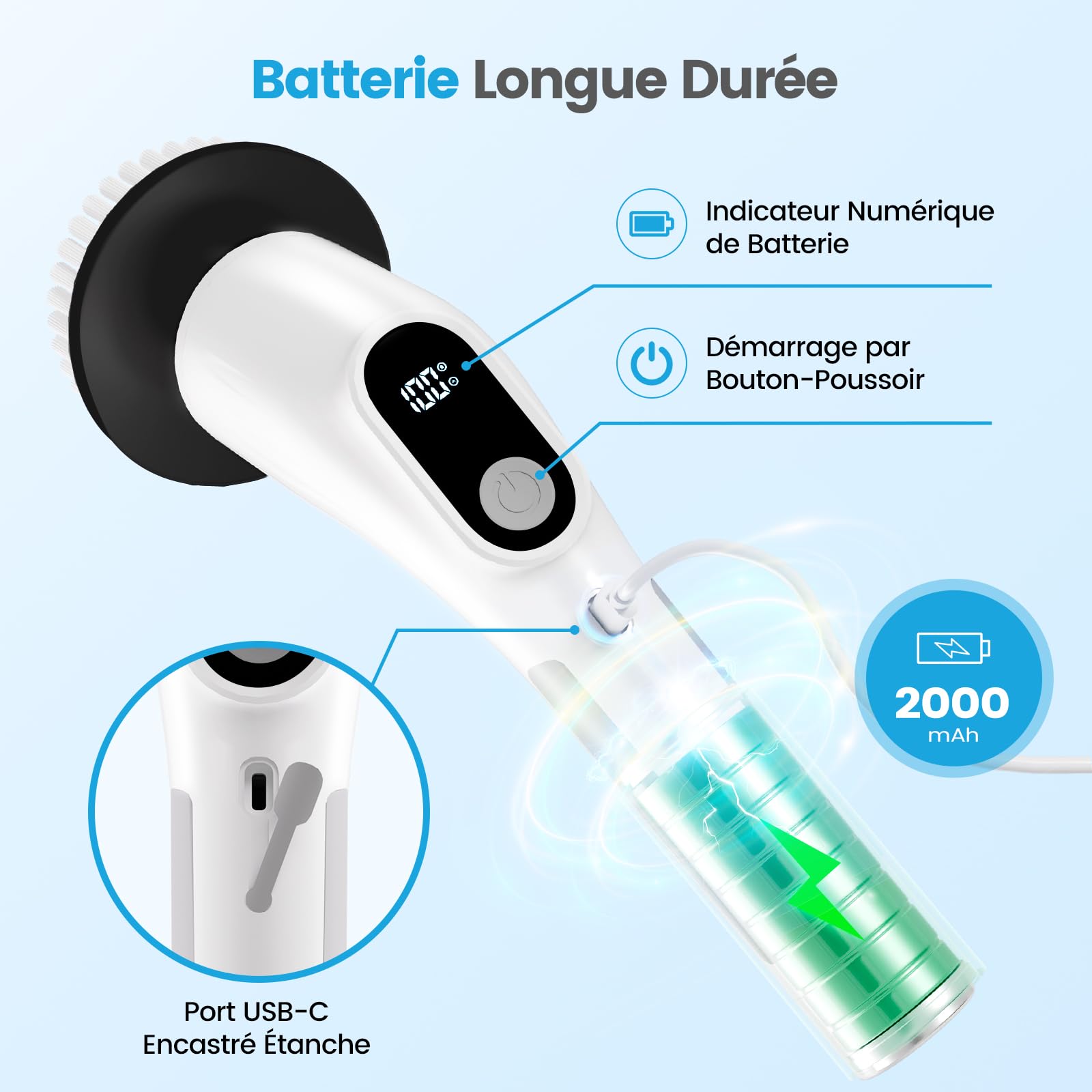 Rotating Electric Cleaning Brush with 8 Interchangeable Heads, Rechargeable Bathroom Cleaning Brush, 2 Adjustable Speeds for Bathroom, Kitchen, Tiles and Floors 2