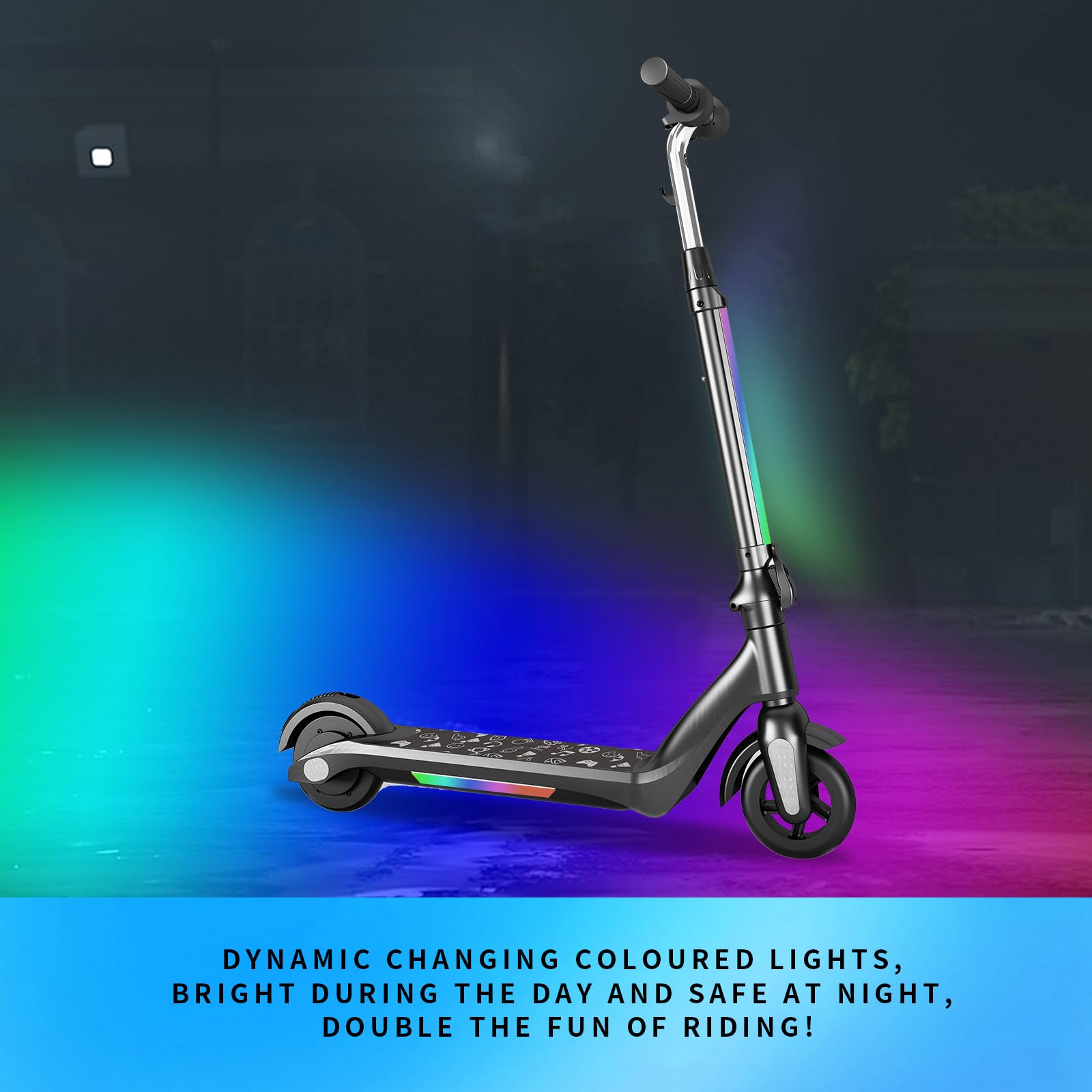 Trottinette électrique pour Enfants avec Lumières LED, Amortisseurs à Double Ressort, Moteur 130W, Vitesse Max 14 km/h