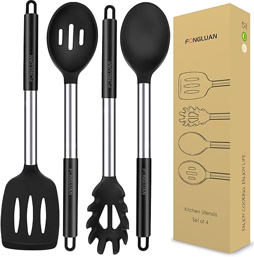 Juego de 4 utensilios de cocina de silicona, mango de acero inoxidable, espátula, cucharas, tenedor para pasta, resistente al calor, antiadherente,