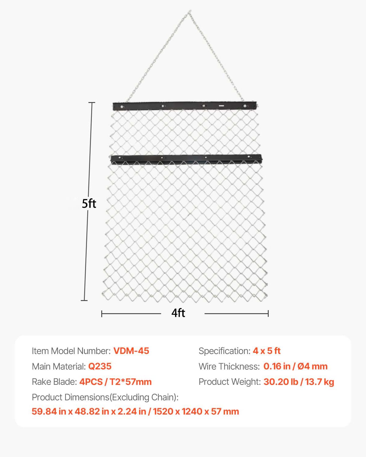 VEVOR Rastrillo de Arrastre de Acero Q235 Rastrillo de Cadena 121,9 x 152,4 cm Accesorios para Tractores UTV para Nivelar Paisajes Césped Rastrillo Duradero para Caminos de Grava, Granjas, Jardines