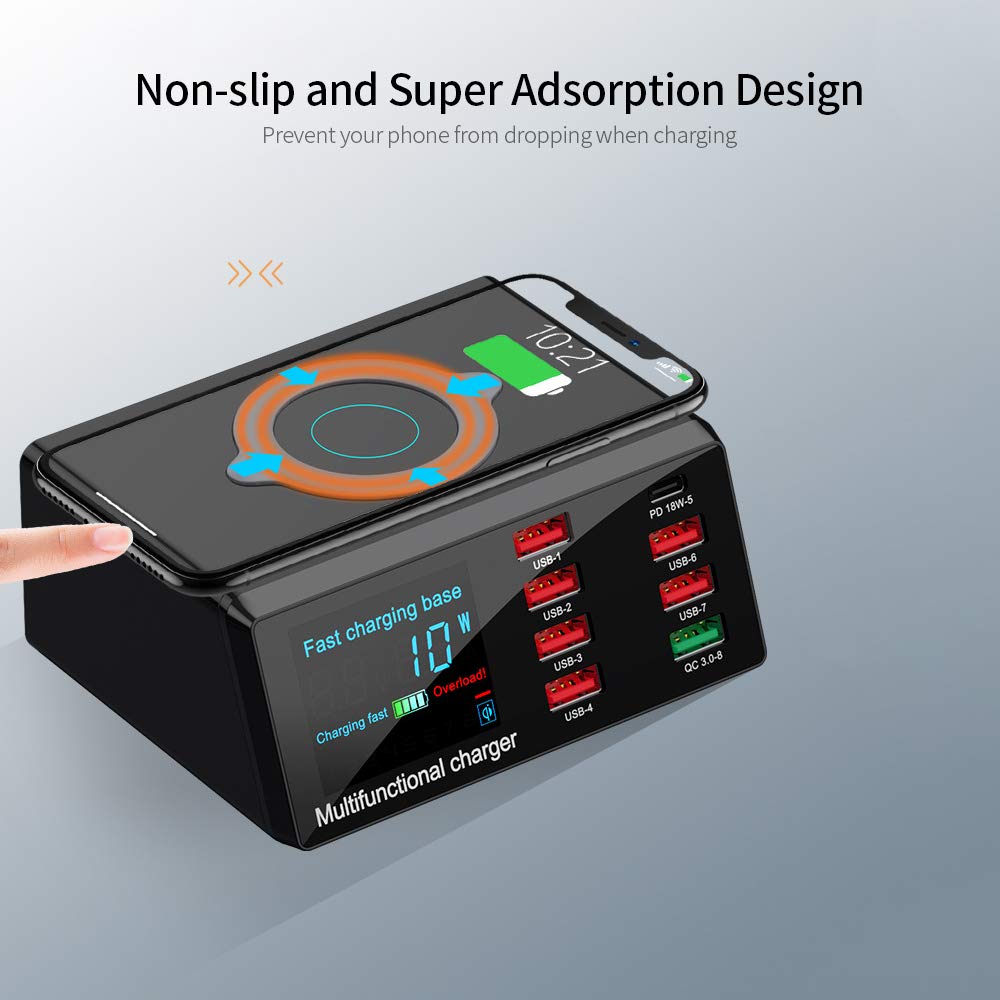 X9 8 portów bezprzewodowa ładowarka USB do szybkiego ładowania PD + QC3.0 + port USB stacja ładująca ze wskaźnikiem LED, kompatybilna z telefonem/laptopem/tabletem, wtyczka UE