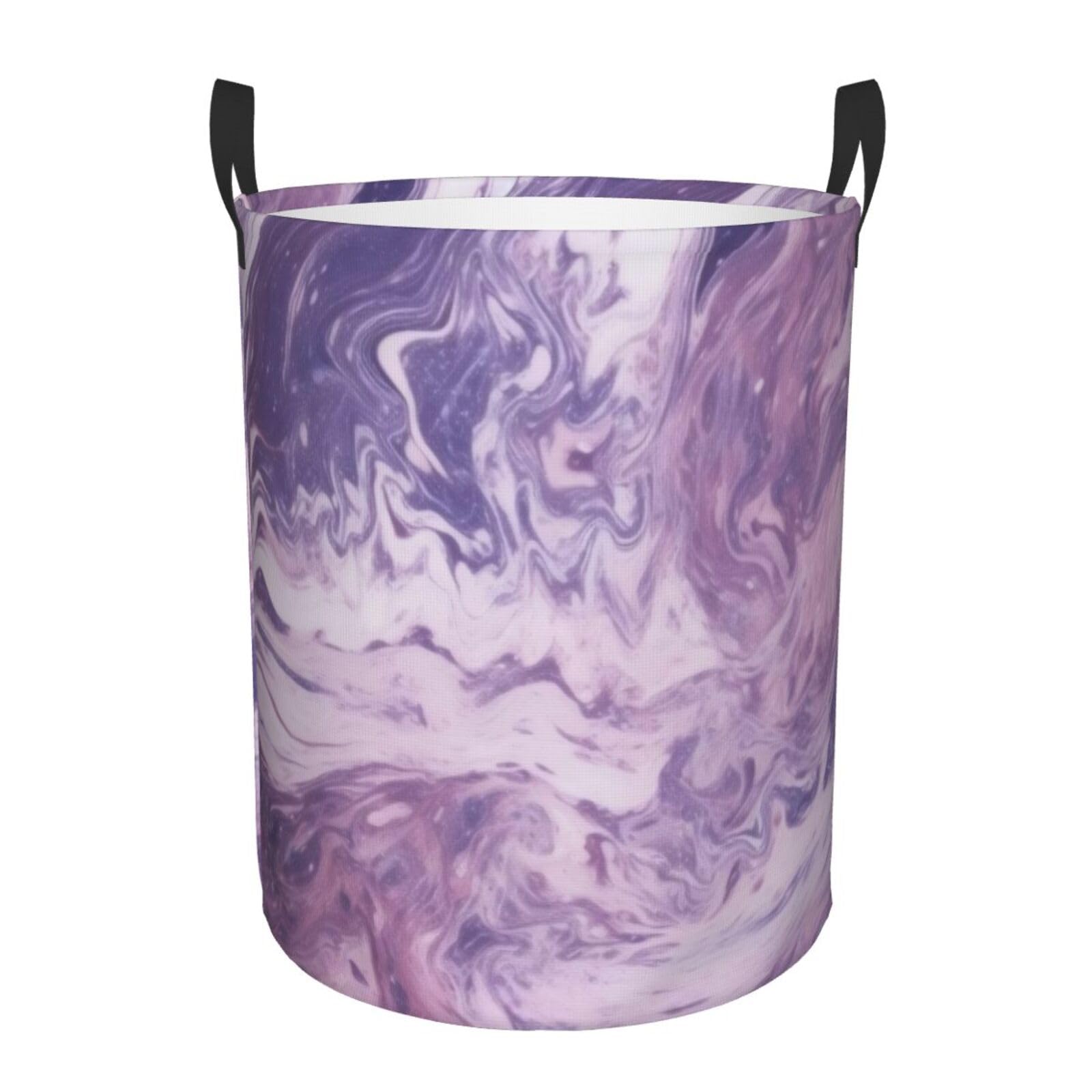Circular Laundry Basket/Dark Purple Texture Marble/Foldable Dirty Clothes Storage Hamper, With Handles, Water Resistant, For Bedroom Bathroom Storage Bins 50x40cm