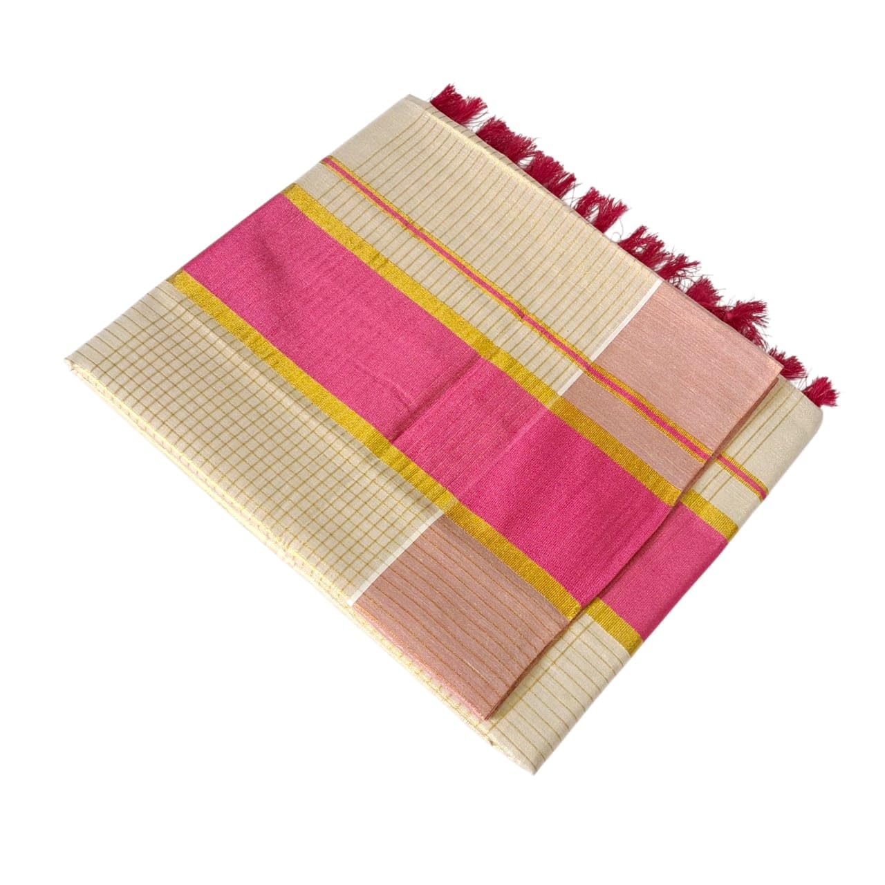 Kerala Kasavu Gold Tissue Fancy Vaira Oosi Body Strips & Bottom Checks with Fancy Color Border Saree With Running Blouse-image-25
