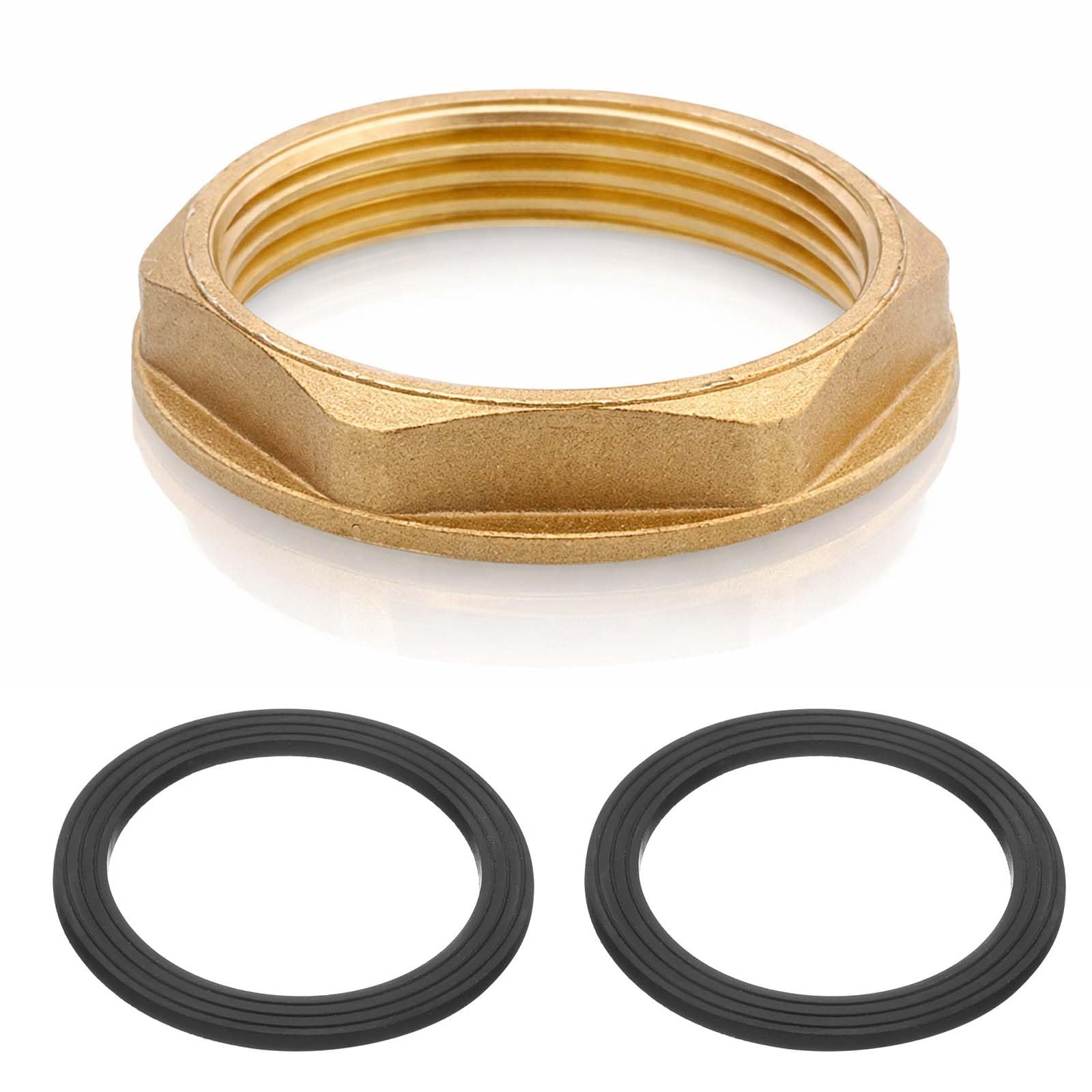 1PCS 1-1/2 Inch BSP Flanged Brass Water Faucet Locknut Nut with 2 Cap Washers, Female Hex Locknut, Kitchen Tap Back Nut with Silicone Washer for Kitchen Basin Sink Water Heaters and Washing Machines