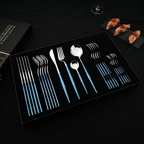 Miniatura 5 de JASHII Juego de cubiertos azules y plateados, juego de cubiertos de acero inoxidable de 24 piezas, utensilios de cocina, cuchillo, tenedor, cuchara
