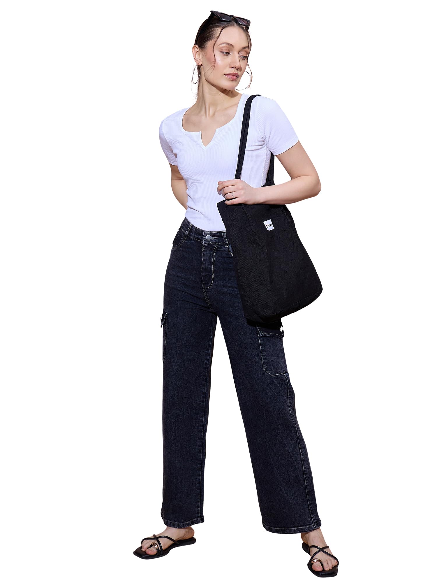 double knot Wide Leg Cargo Jeans | Mid-Rise Stretch Denim in Light Blue-picture-26