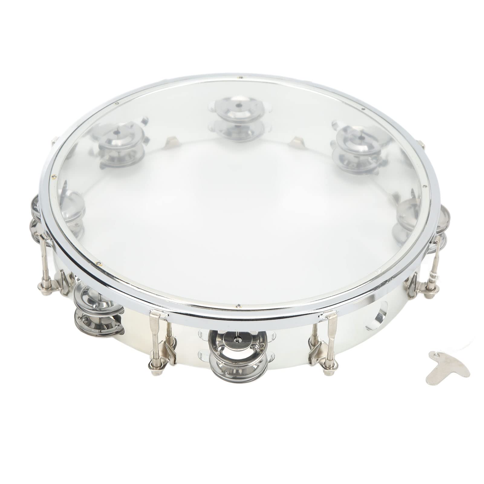 Handtrommel, 25,4 cm, verstellbarer Ton, zweireihige Metallglocken und ABS-Rahmen, leichtes Schlaginstrument für Anbetung/Konzerte/Partys, geeignet für alle Altersgruppen (transparent)