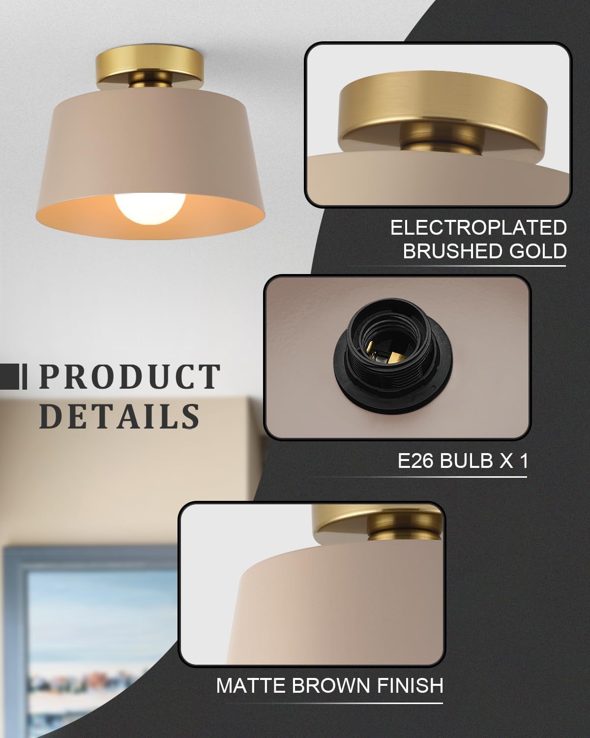 Ceiling Light Fixture, Hallway Ceiling Light with Gold Plate and Matte Black Shade, Modern Simple Style Porch Light Fixtures Semi Flush Mount (Brown)