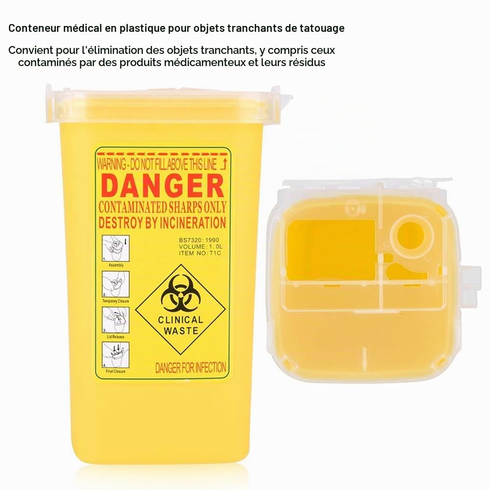 DEWIN Boîte Dechets Dassri - Container Aiguilles Boîte à déchets de taille 1L de déchets d'aiguille de Biohazard de récipient en plastique médical de tatouage (Jaune)