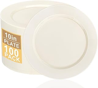 I00000 100 Pcs Ivory Plastic Plates,10inch Cream Dinner Plate, Elegant Disposable Plates Perfect for Wedding, Baby & Bridal Shower or Party (100 Guests)