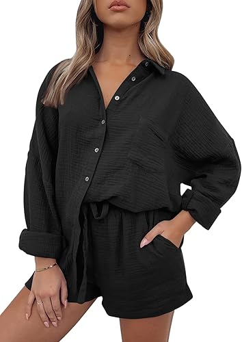 AUTOMET 2 Piece Outfits For Women Lounge Sets Pajama Sets Long Sleeve Button Down Oversized Shirts And Shorts Fall Tracksuit
