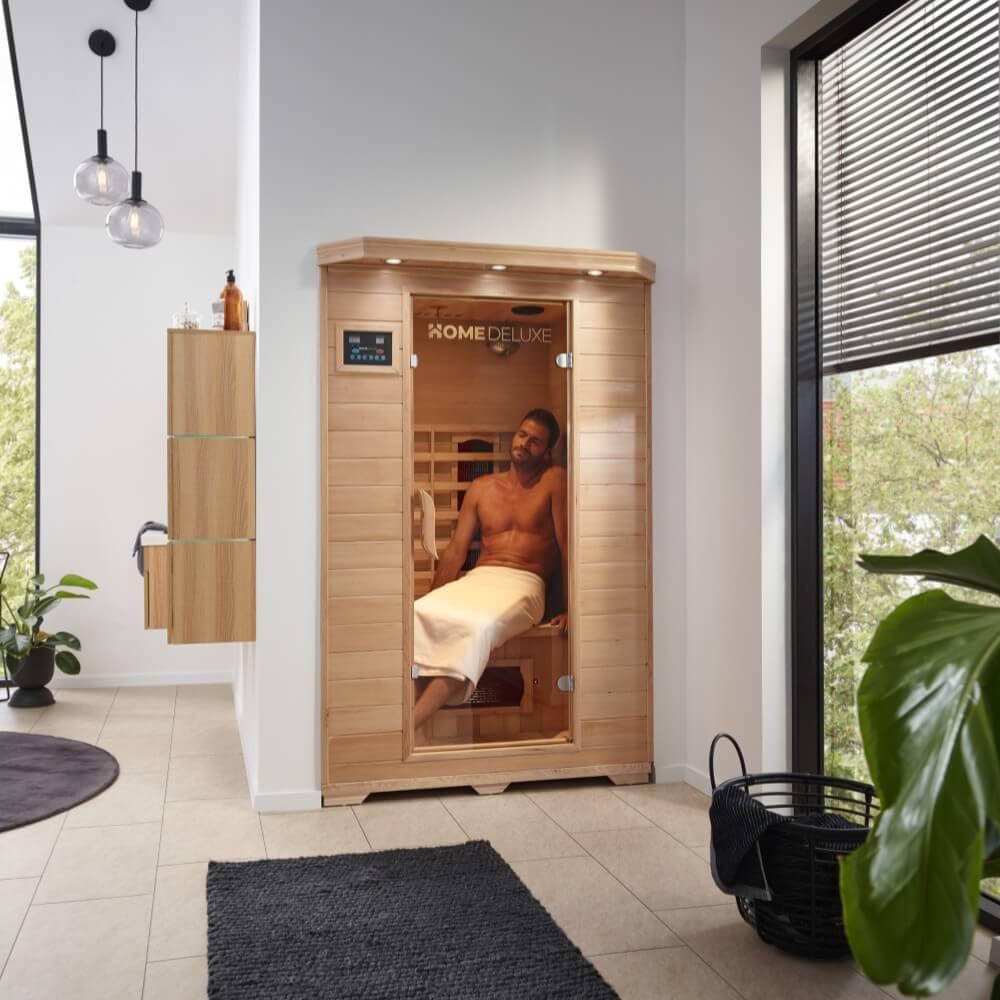 Home Deluxe – Infrarotkabine REDSUN M – 120 x 105 x 190 cm - für 2 Personen, 5 Keramikstrahler – Holz: Hemlocktanne I Infrarotsauna, Sauna, Wärmekabine, Infrarot