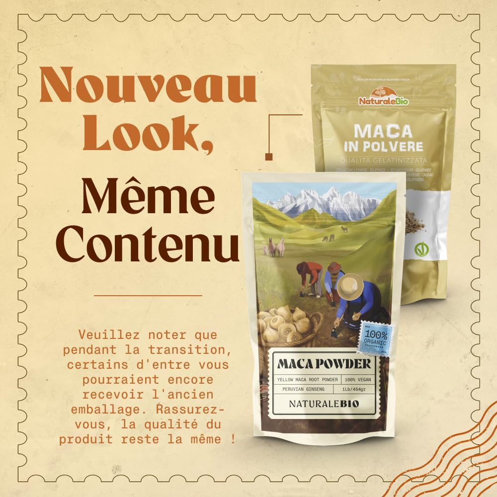 NaturaleBio Maca Bio en Poudre 1kg. Organic Peruvian Yellow Maca Root Powder. Gélatinisée, Naturelle et Pure. Produite au Pérou à partir de Racines Biologiques